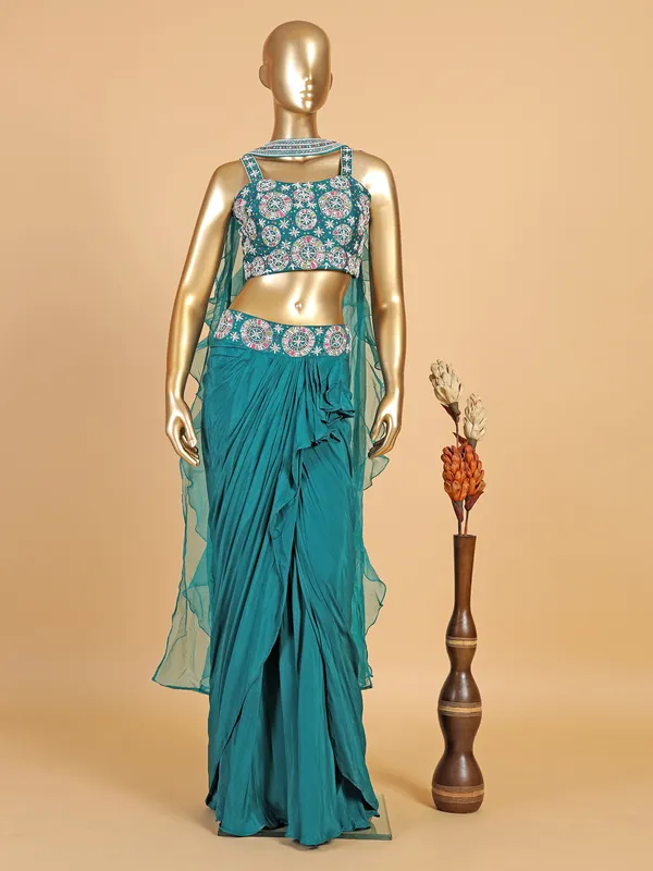 Rama blue lehenga choli with ruffle dupatta