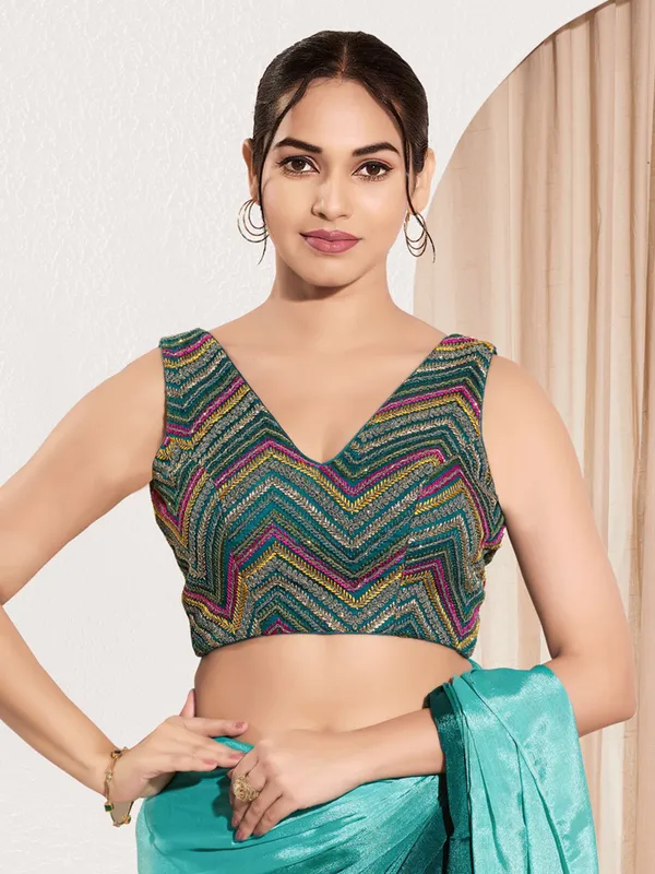 Rama blue net  V neck ready made blouse