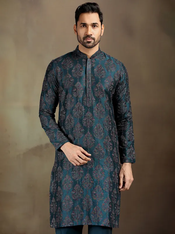 Rama blue nova silk woven kurta set