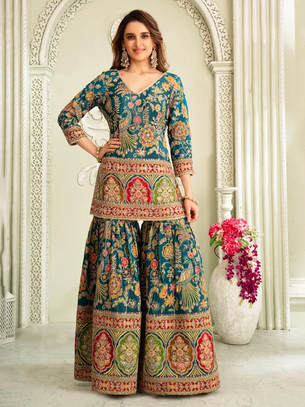 Rama blue pakistani silk sharara suit with zardosi work