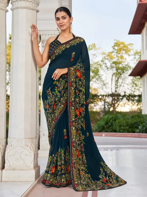 Rama blue party wear georgette saree with unstitched blouse