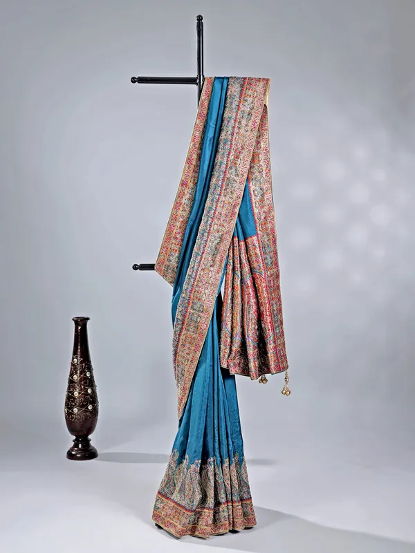 Rama blue pashmina silk saree for wedding wear