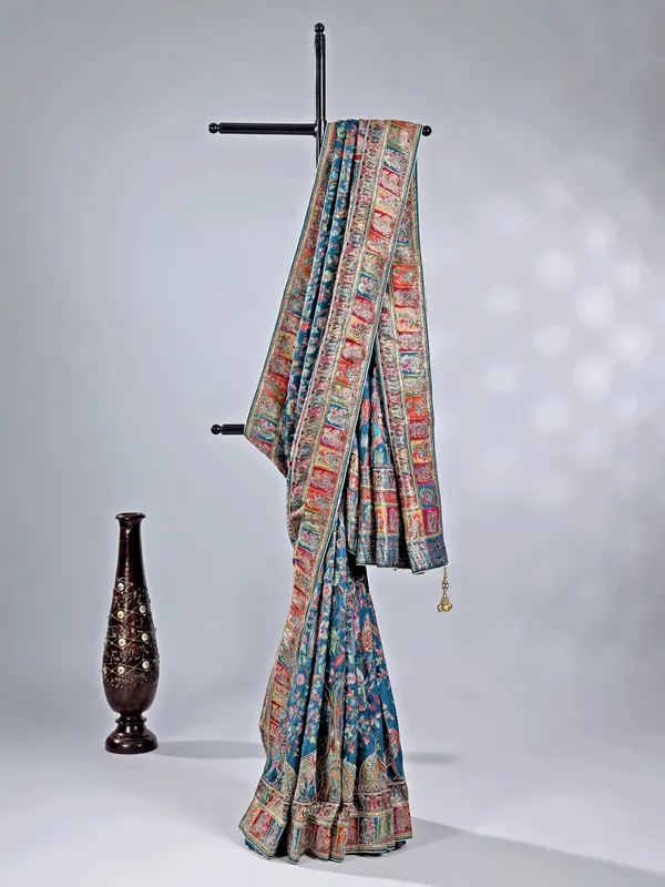Rama blue pashmina silk saree for weddings