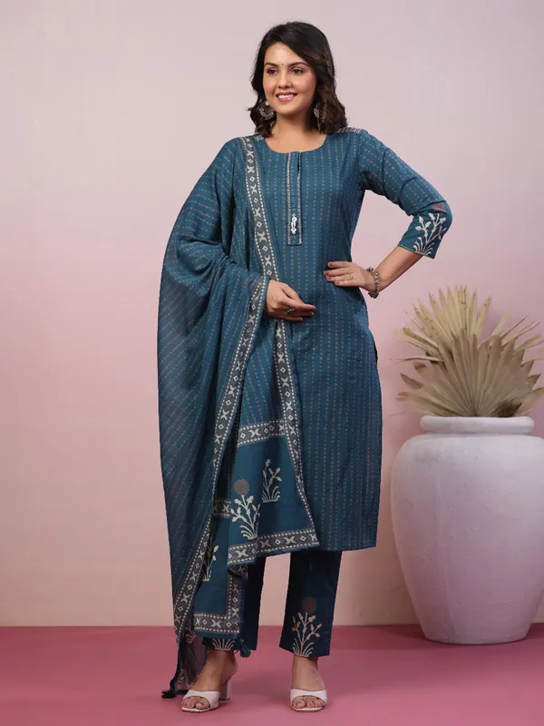 Rama blue printed cotton silk kurti set for women