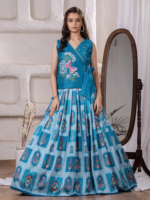 Rama blue printed cotton silk lehenga choli