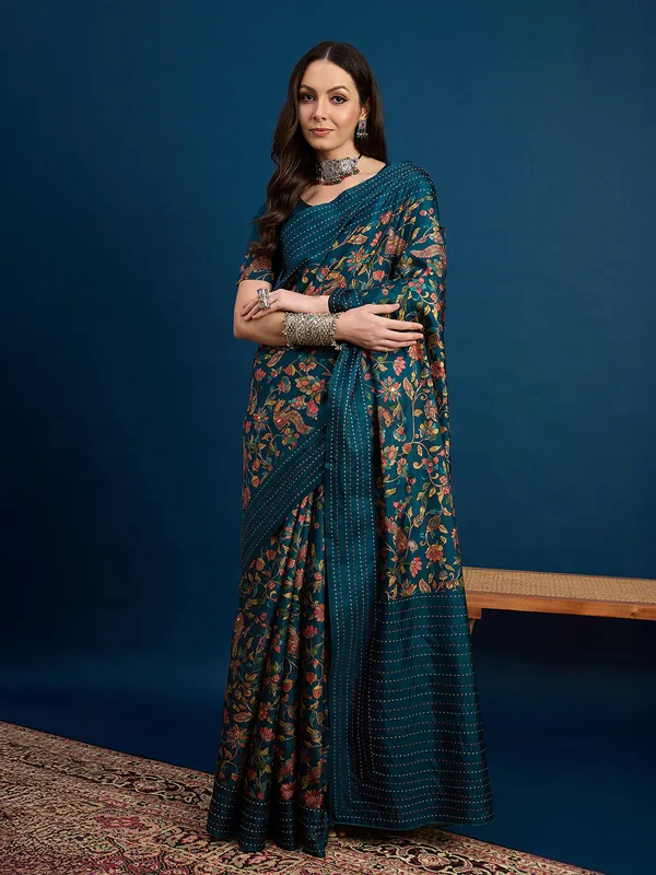 Rama blue printed cozi silk saree
