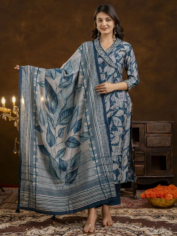 Rama blue printed silk kurti set