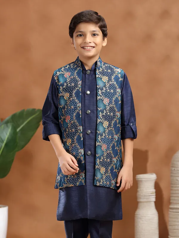 Rama blue raw silk zari weaving waistcoat set