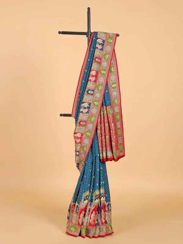 Rama blue saree in cotton silk with contrast red border