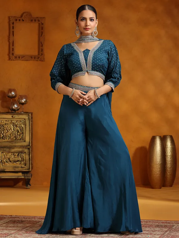 Rama blue satin silk palazzo suit with dupatta