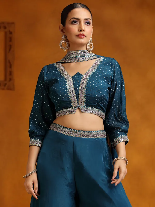 Rama blue satin silk palazzo suit with dupatta