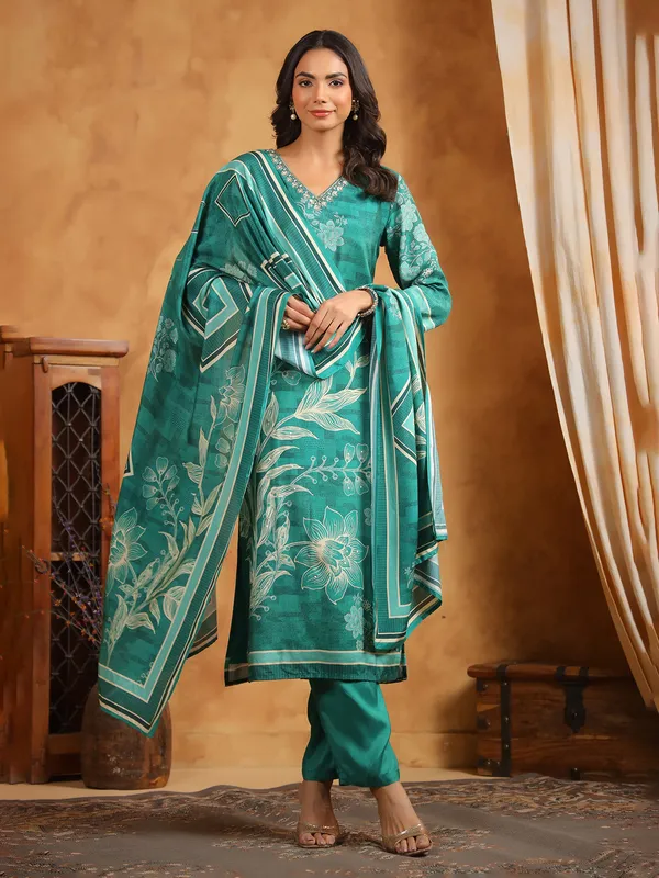 Rama blue shine printed kurti with dupatta
