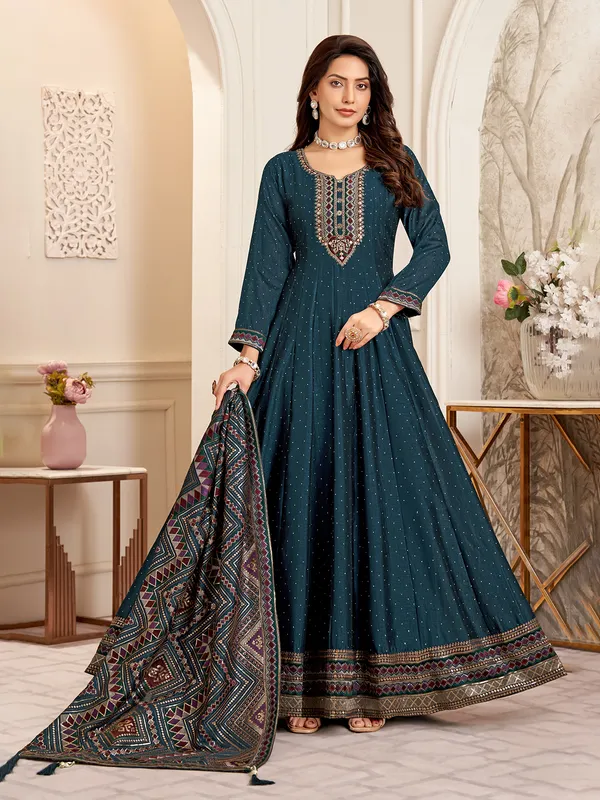 Rama blue silk anarkali suit with dupatta