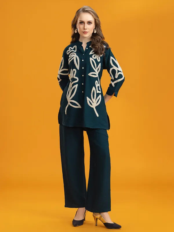 Rama blue silk co-ord set with embroidery