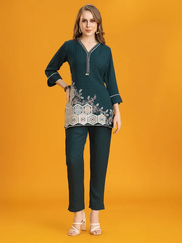Rama blue silk embroidered pant co-ord set