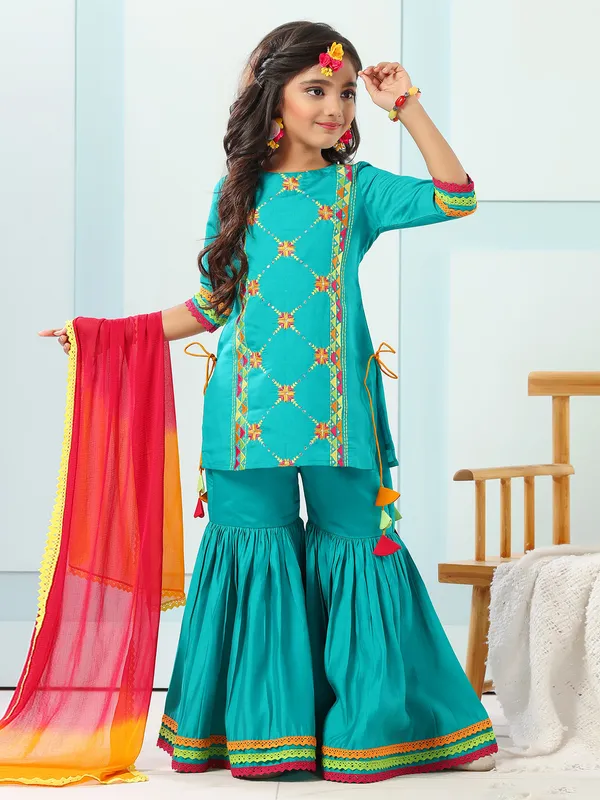 Rama blue silk embroidery sharara set