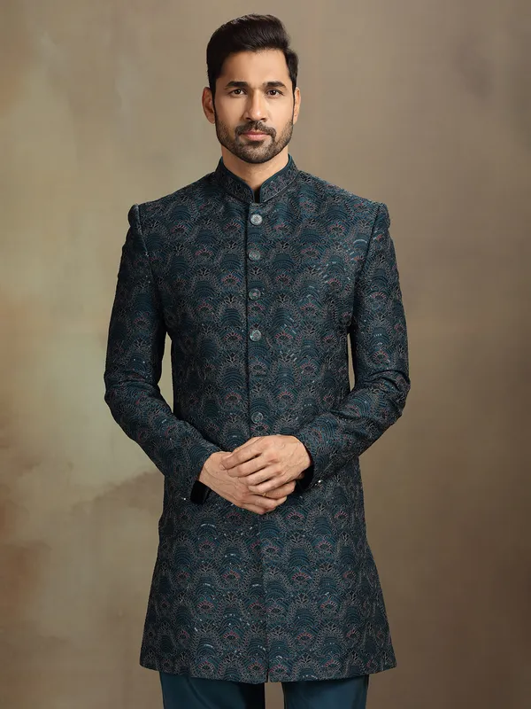 Rama blue silk heavily worked indo western