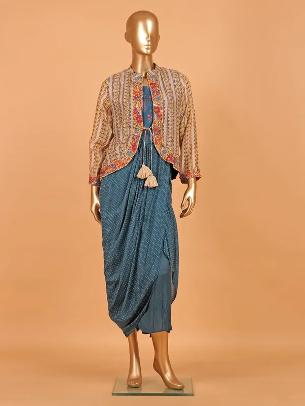 Rama blue silk jacket style designer suit