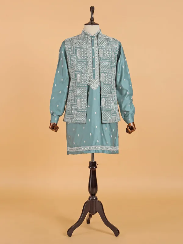 Rama blue silk jacket style waistcoat set for men