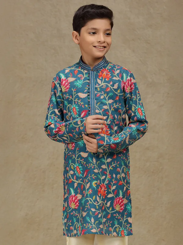 Rama blue silk kurta suit with print for boys