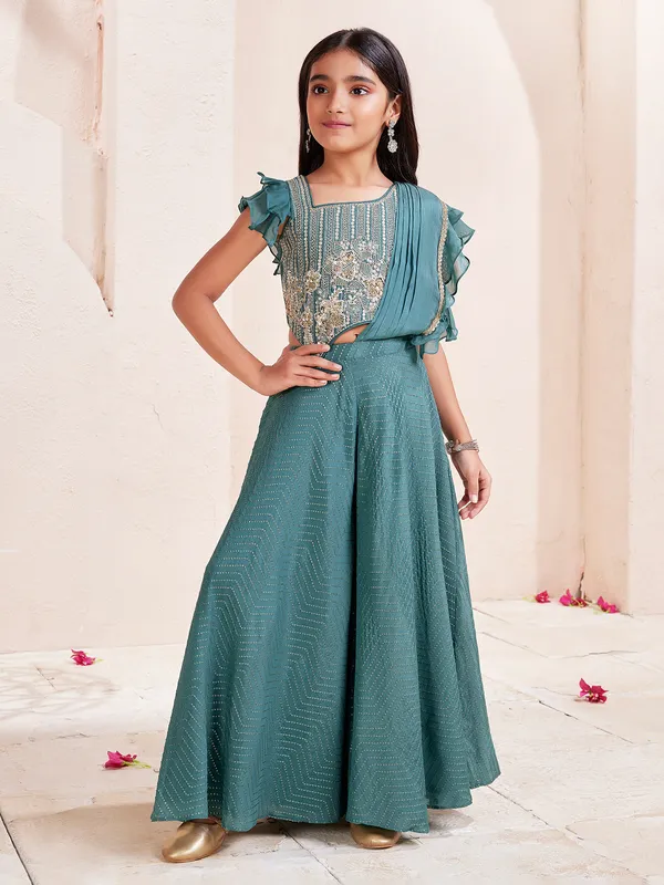 Rama blue silk palazzo suit with embellishments