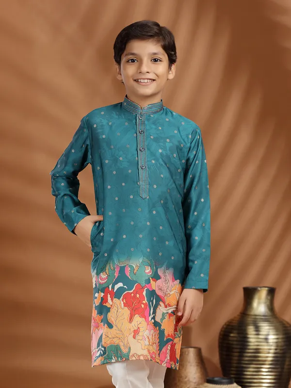 Rama blue silk printed kurta pajama