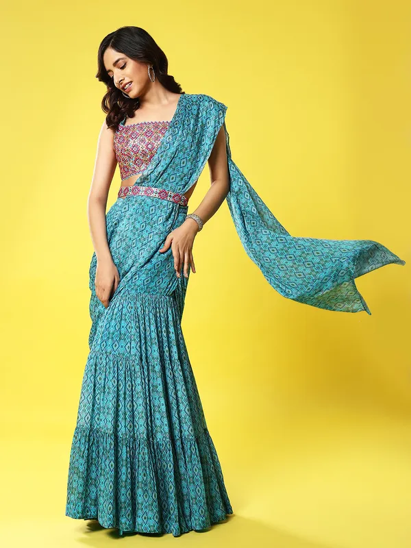 Rama blue silk printed sharara salwar suit