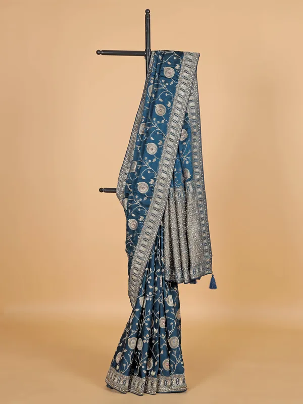 Rama blue silk saree with contrast border