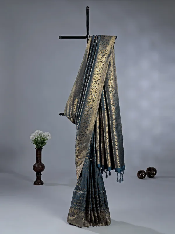 Rama blue silk saree with zari weaving