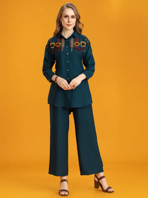 Rama blue silk thread embellished palazzo co-ord set