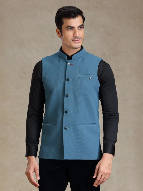 Rama blue solid textured waistcoat for men