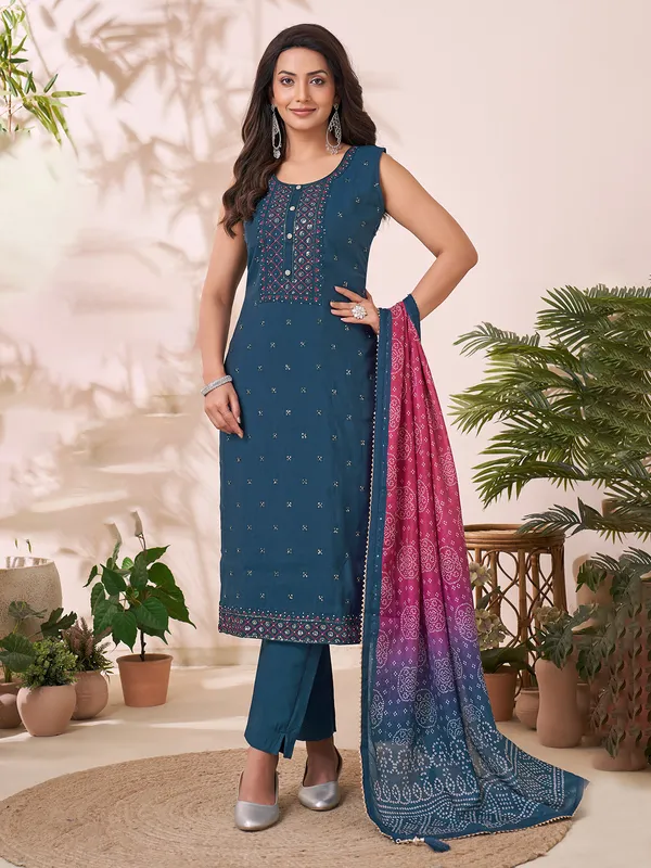 Rama blue straight cut silk salwar suit with dupatta