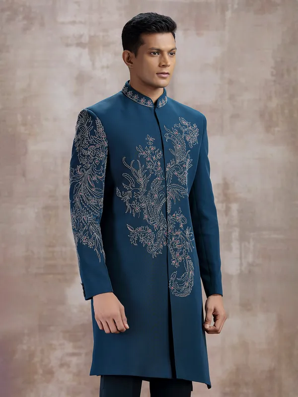 Rama blue terry rayon indo western with beads work