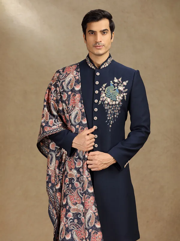 Rama Blue terry rayon indo western with printed dupatta