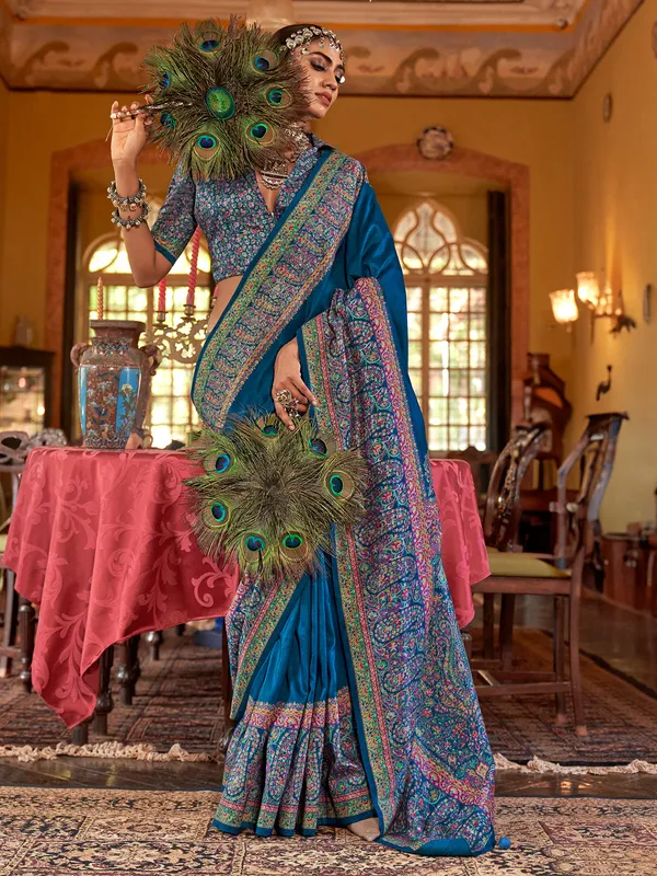 Rama blue wedding wear silk saree for women