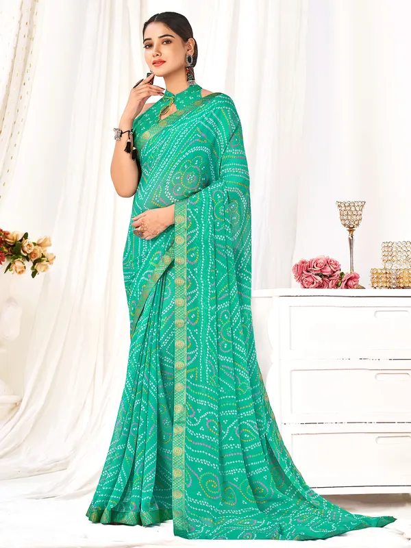 Rama green chiffon saree with print