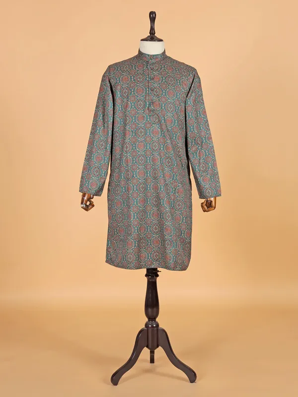 Rama green festive printed kurta suit for men