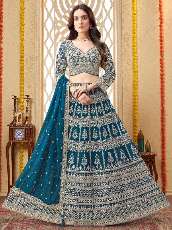 Rama green georgette lehenga choli for wedding wear