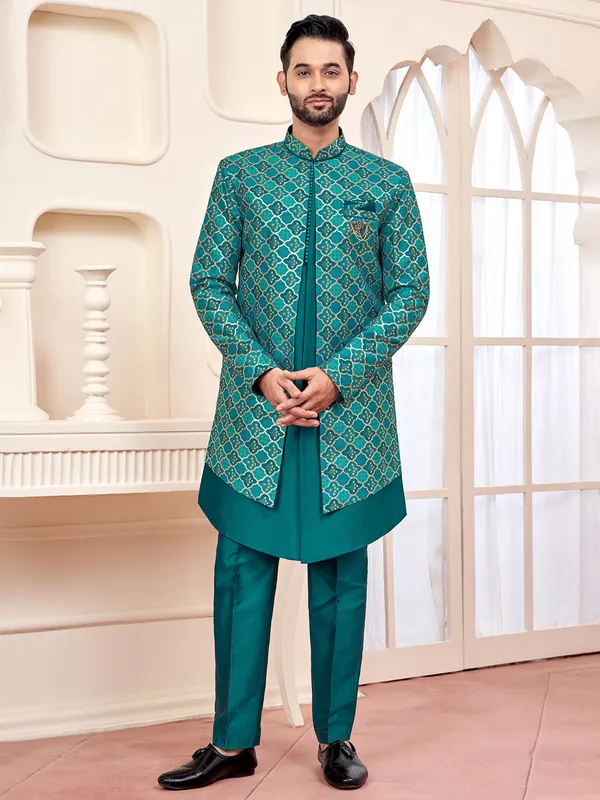 Rama green printed indo western for wedding look