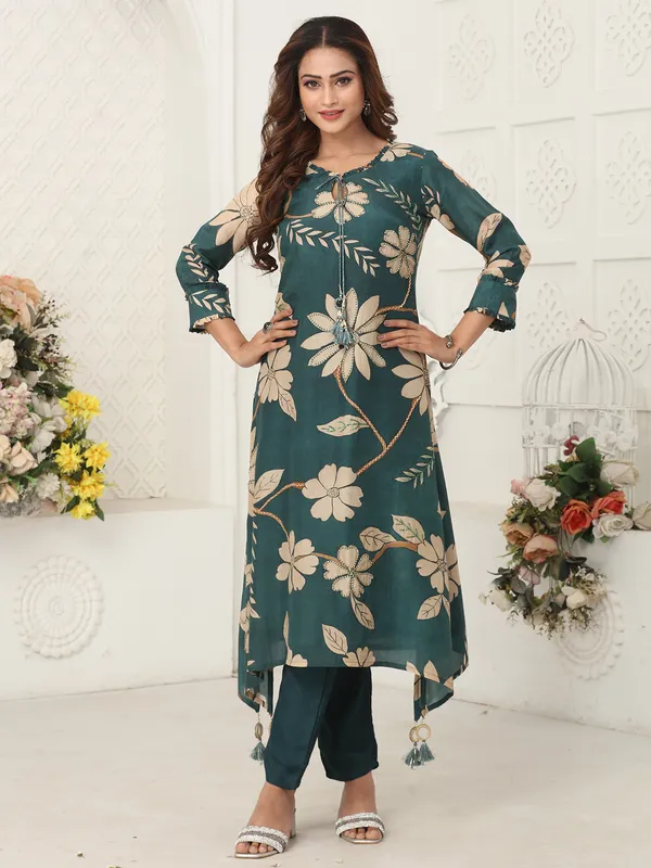 Rama green printed silk kurti set