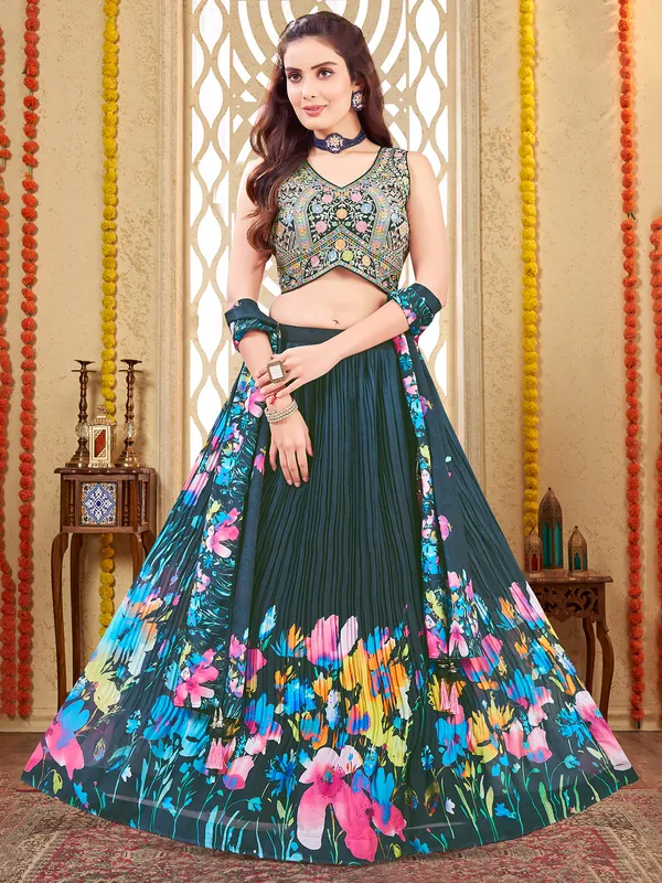 Navy printed silk lehenga choli
