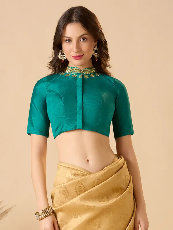 Rama green raw silk ready made blouse with resham work