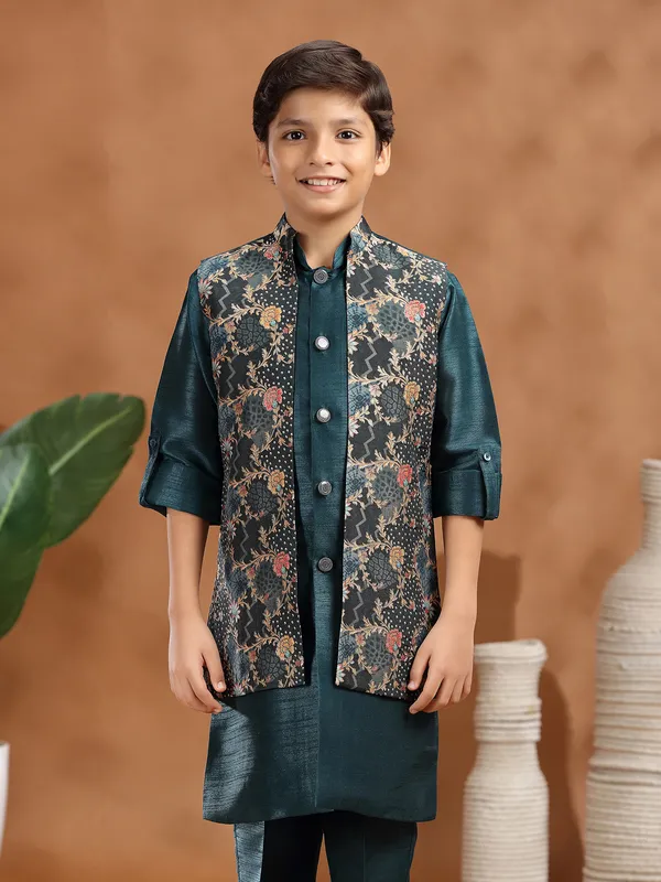 Rama green raw silk zari weaving waistcoat set