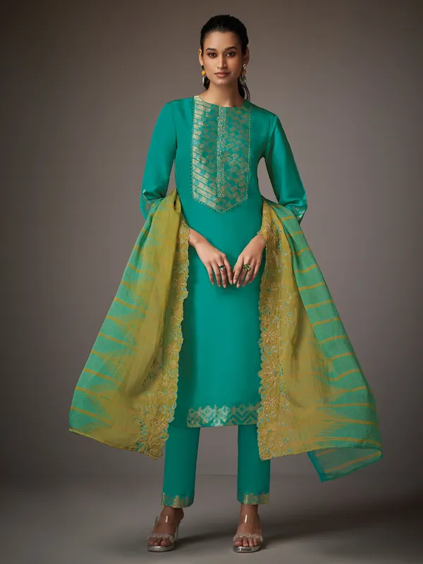 Rama green resham worked salwar suit in silk