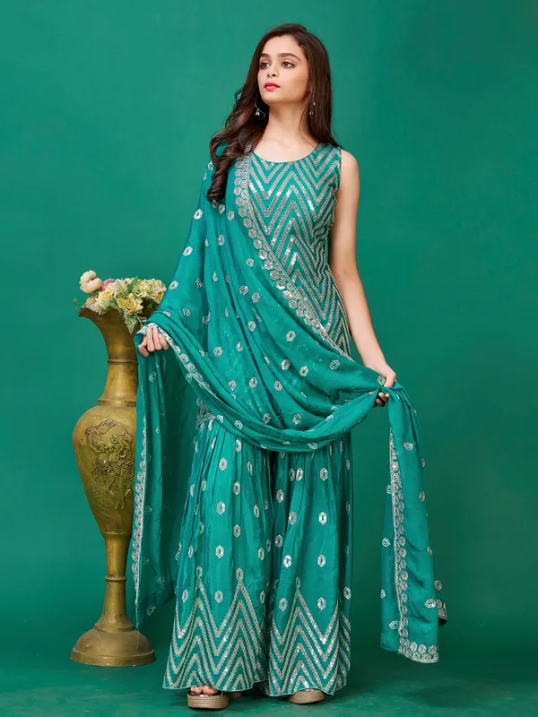 Rama green sharara suit with dupatta