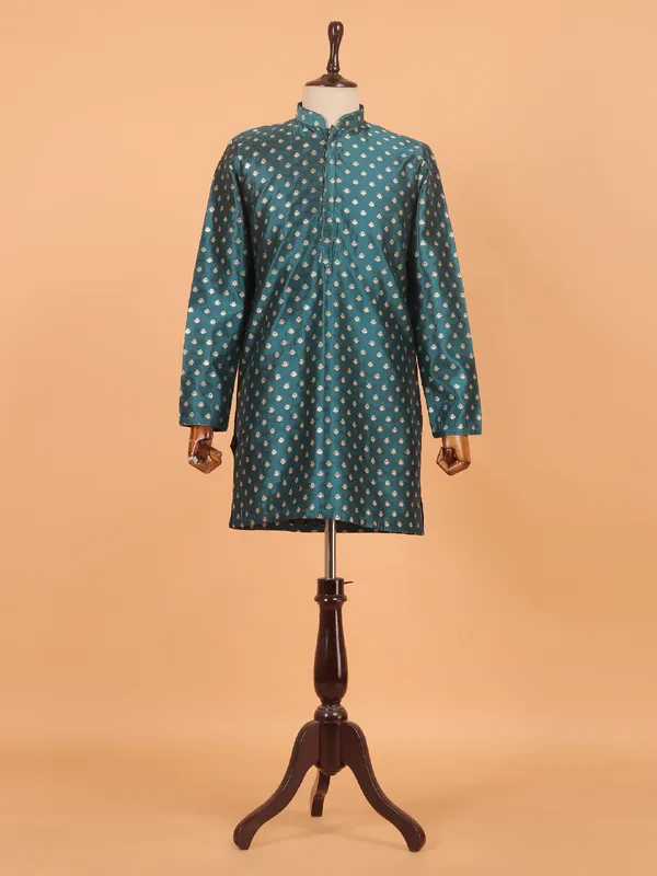 Rama green silk festive zari kurta set for men