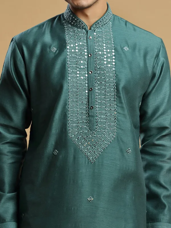 Rama green silk  Men Kurta pajama for festive