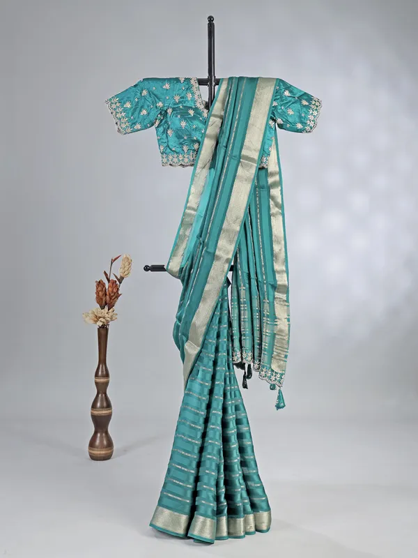 Rama green silk saree with zardosi and pearls