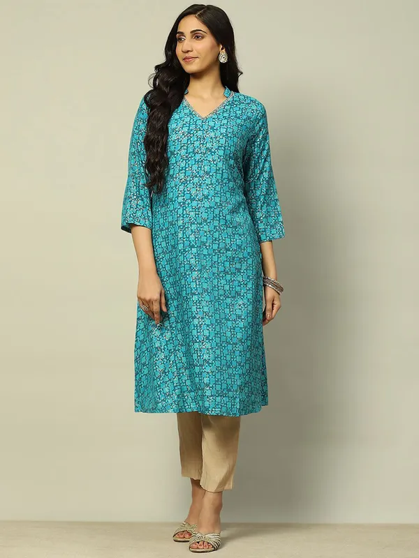 RANGRITI aqua cotton printed straight kurti