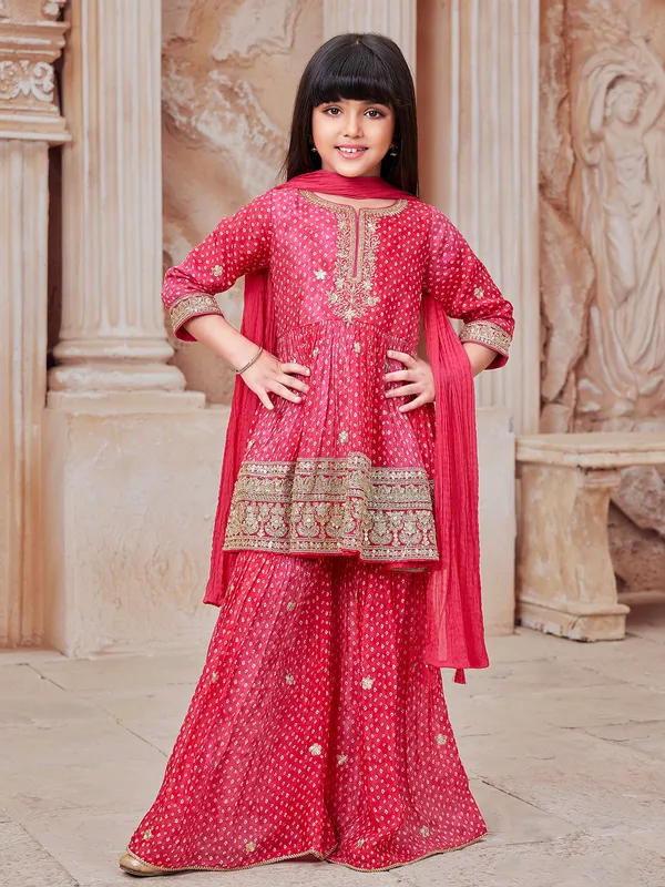 Rani bandhej printed sharara suit with dupatta